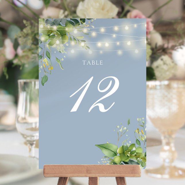 Numéro de table Bleu Poussiéreux Guirlande de Verd (Greenery String Lights Dusty Blue Table Number)