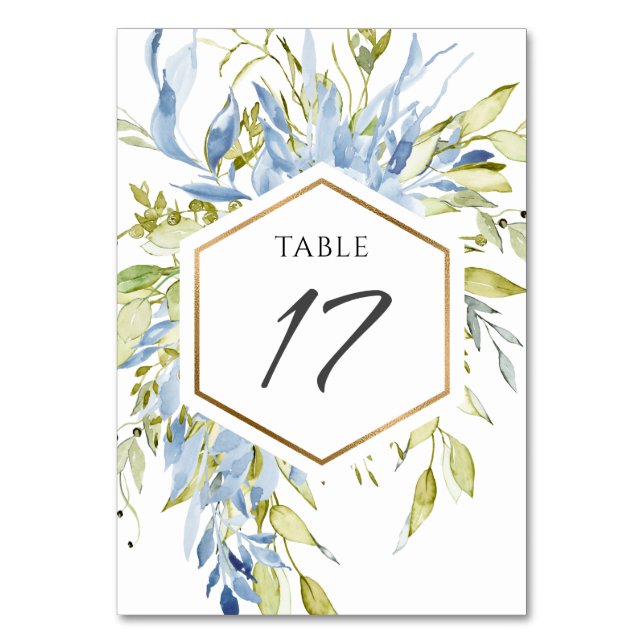 Numéro De Table Bleu poussiéreux Vert aquarelle verdure Cadre doré (Par défaut)