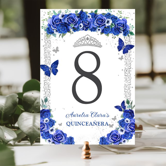 Numéro De Table Bleu Rose Quinceañera Papillons Floral Argent (Créateur téléchargé)
