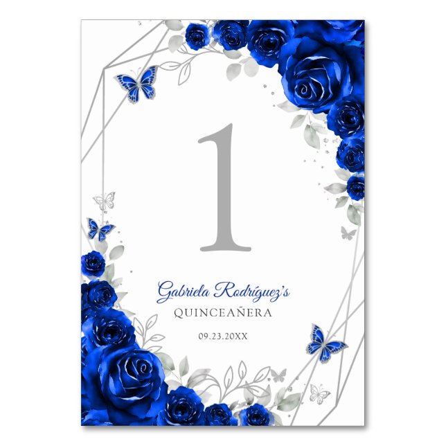 Numéro De Table Bleu Royal Argent Floral Quinceanera (Par défaut)