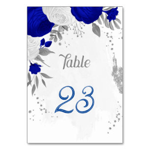 Numéro De Table bleu royal et fleurs blanches argent mariage botan