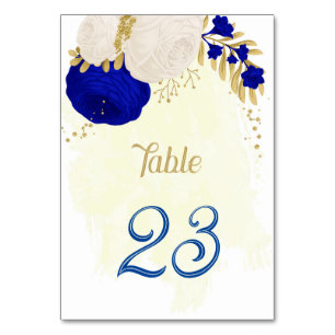 Numéro De Table bleu royal et fleurs blanches or mariage botanique