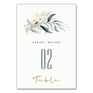 Numéro De Table Bleu vert or feuille Mariage botanique floral