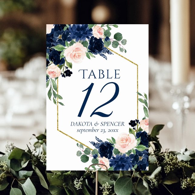 Numéro De Table Blooms Chics | Floral bleu marine et rose pâle (Créateur téléchargé)