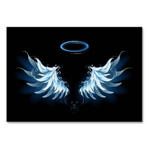 Numéro De Table Blue Glowing Angel Wings on black background