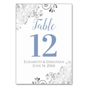 Numéro De Table Blue Grey sur blanc Elegant Frilly Mariage