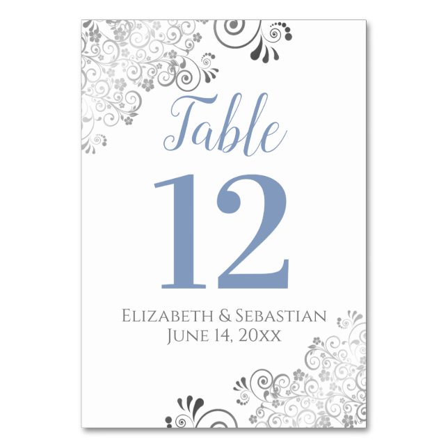 Numéro De Table Blue Grey sur blanc Elegant Frilly Mariage (Par défaut)
