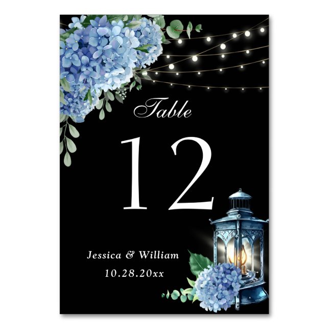 Numéro De Table Blue Hydrangea Floral Lanterne noir Boho Mariage (Par défaut)