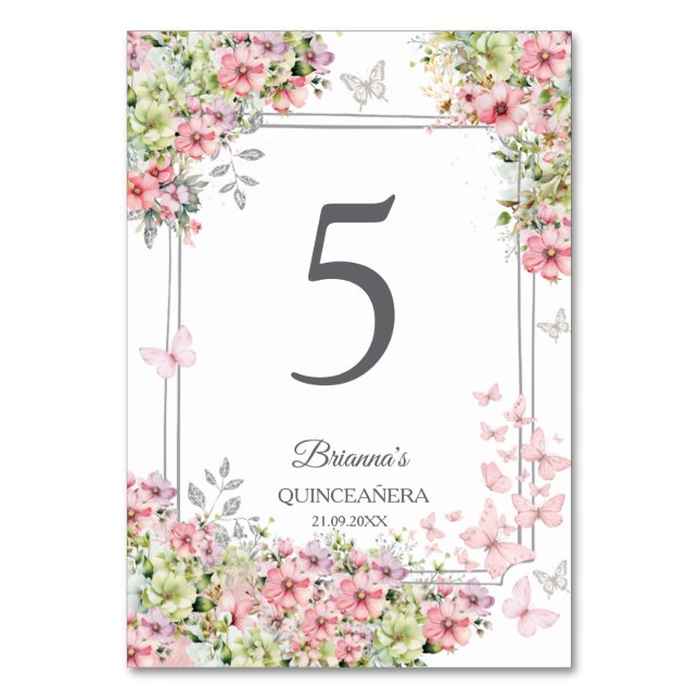 Numéro De Table Blush Floral Rose et Papillon Vert Quinceañera  (Par défaut)