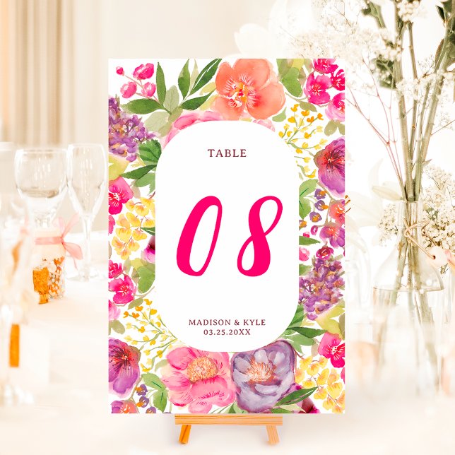 Numéro De Table Bohème brillant arc floral script chic mariage (Bohemian bright floral arch script chic wedding table number)