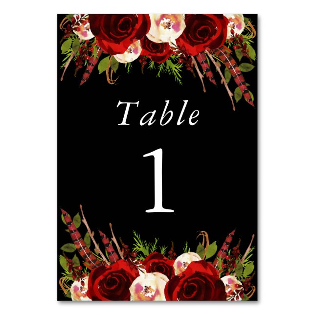 Numéro de table bohème floral Bourgogne noir (Par défaut)