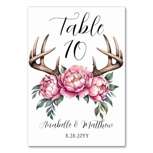 Numéro De Table Boho Antler avec Mariage Pink Peonies (Par défaut)