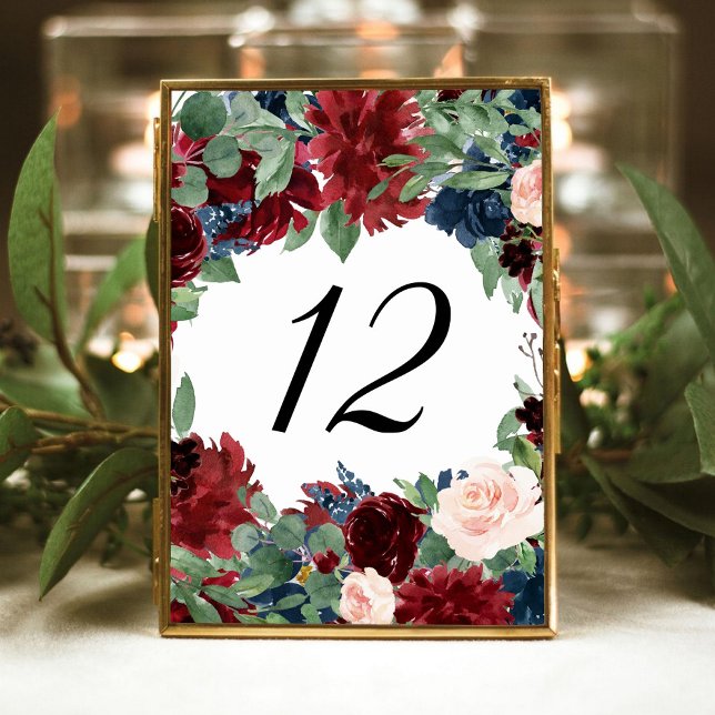 Numéro De Table Boho Bloom | Burgundy Red et Navy Blue Frame (Créateur téléchargé)