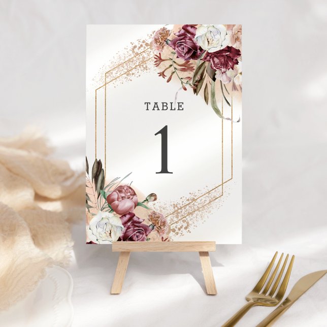 Numéro De Table Boho élégant en Bourgogne, Blush & Rose or (Créateur téléchargé)