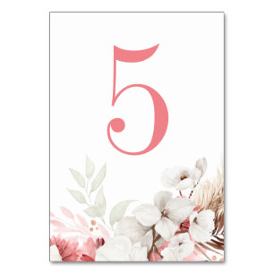 Numéro De Table Boho floral rose et blanc Élégant Numéro de tablea