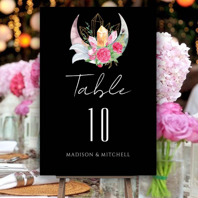 Numéro De Table Boho Moon Crystals Plumes rose Fleurs Mariage (Créateur téléchargé)