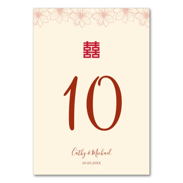 Numéro De Table Boho rouge beige floral mariage chinois double xi (Par défaut)