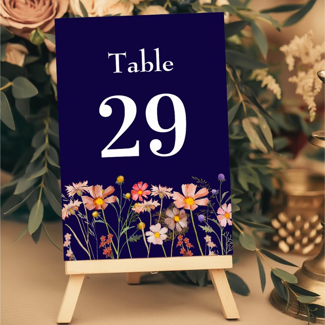 Numéro De Table Boho Rustic Fleur sauvage Floral Navy Blue Mariage (Boho fall wildflower meadow navy blue and white wedding table number card watercolor Elegant modern)