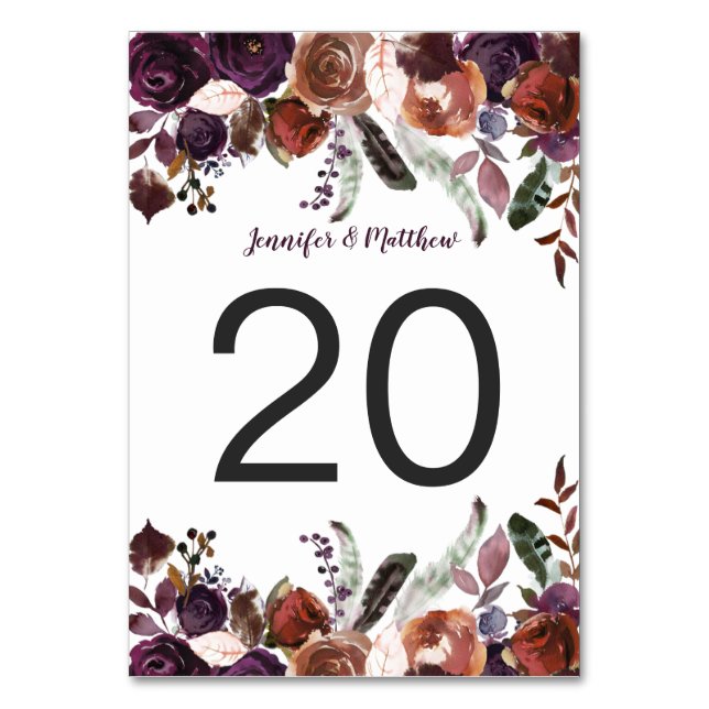 Numéro De Table Boho rustique Aquarelle Eggplant Tableau Floral (Par défaut)