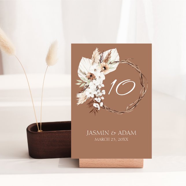 Numéro De Table Boho Terracotta Brown séché fleuri Mariage (Boho Terracotta Brown Dried Floral Wreath Wedding Table Number)