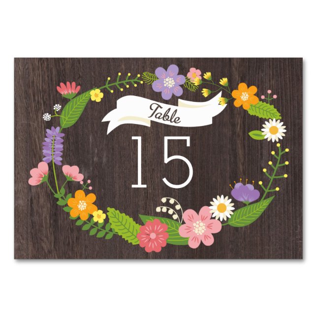 Numéro De Table Bois rustique Bohème Floral Mariage Wreath (Devant)