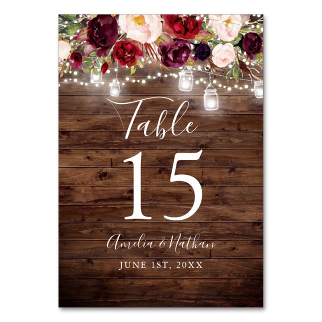 Numéro De Table Bois rustique Bourgogne Floral Lumières Mariage (Par défaut)
