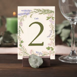 Numéro De Table Botanical Wedding Table Number Card<br><div class="desc">Add a charming botanical detail to your reception tables with this elegant wildflower wedding table number card. Surrounded by a delicate frame of soft pastel florals and greenery, this design brings a romantic garden-inspired feel to your wedding décor. The graceful botanical border features gentle sprigs of lavender, blush blossoms, and...</div>