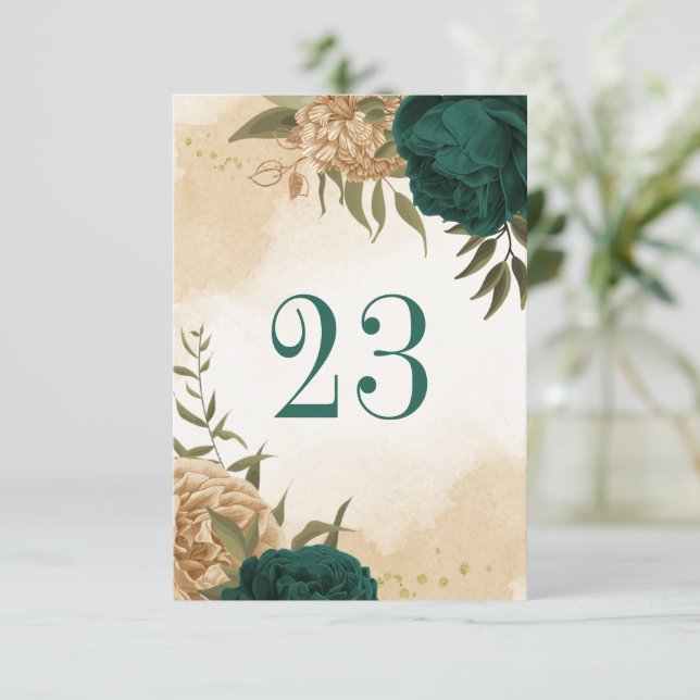 Numéro de table botanique en or vert émeraude (Debout devant)