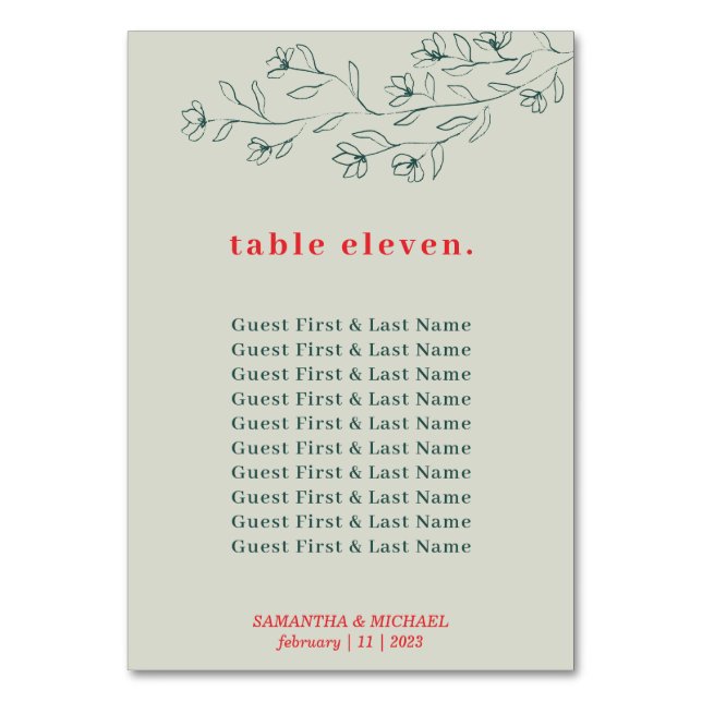 Numéro De Table Botanique Floral Green Red Boho noms d'hôtes siège (Par défaut)
