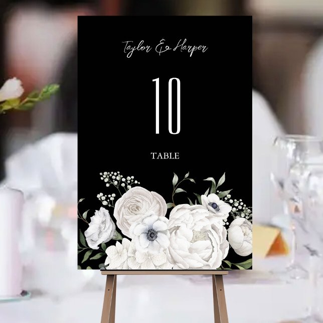 Numéro De Table Bouquet floral élégant noir et blanc Moderne (Créateur téléchargé)