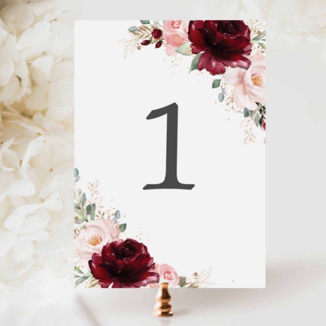 Numéro De Table Bourgogne Blush rose Mariage Fête des mariées (burgundy blush floral table number cards printed for weddings bridal showers birthdays anniversaries)