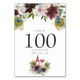 Numéro De Table Bourgogne et marine Peacock Vin à thème Mariage