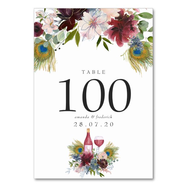 Numéro De Table Bourgogne et marine Peacock Vin à thème Mariage (Par défaut)
