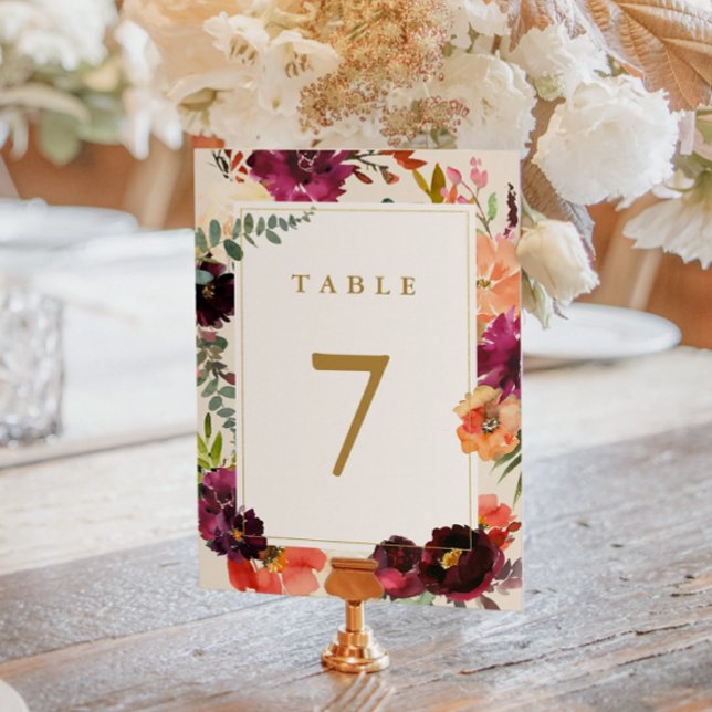 Numéro De Table Bourgogne + Pêche Aquarelle Mariage Floral (Créateur téléchargé)