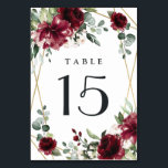 Numéro De Table Bourgogne Rouge Bleu Or Mariage géométrique de ver<br><div class="desc">Le design présente un cadre géométrique imprimé de couleur or avec des éléments floraux dans les tons bordeaux,  rouge et rougissant sur la verdure,  l'eucalyptus et les fleurs.</div>