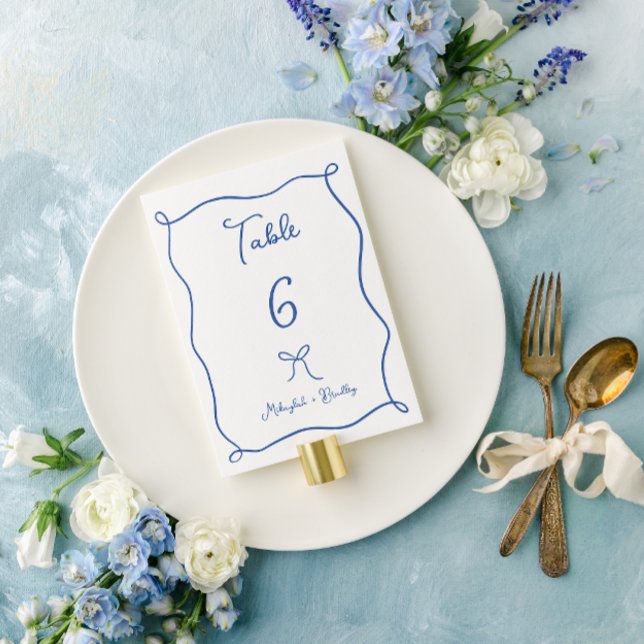 Numéro De Table Bow et rubans Whimsical Mariage bleu français (Créateur téléchargé)