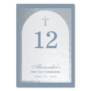 Numéro De Table Boy First Communion Dusty Blue Faux Silver Cross