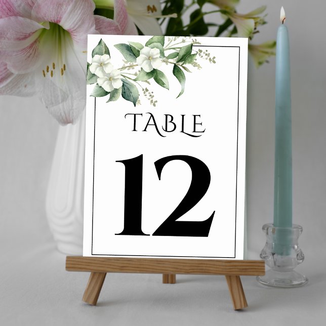 Numéro De Table Branche avec verdure et fleurs blanches mariage (Créateur téléchargé)