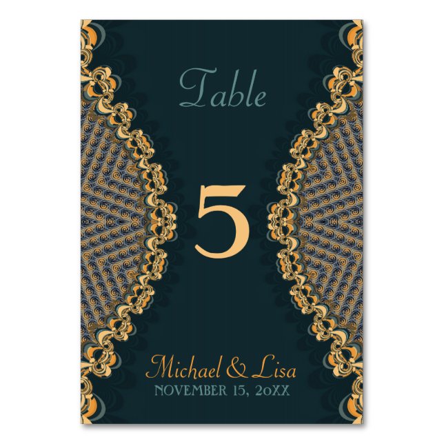 Numéro De Table Broderie fractale sarcelle or unique menu invité 2 (Par défaut)