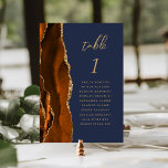 Numéro De Table Brûlé Orange Gold Agate Marine Mariage bleu<br><div class="desc">Le bord gauche de cette élégante carte de numéro de table de mariage comporte une bordure d'aquarelle orange brûlée, recouverte d'une parties scintillant en faux or. Le mot "table" apparaît dans un script d'écriture moderne couleur or sur un arrière - plan bleu marine. Ajoutez les noms de vos invités qui...</div>