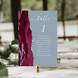 Numéro De Table Burgundy Argent Agate Dusty Blue Mariage<br><div class="desc">Le bord gauche de cette élégante carte de numéro de table mariage moderne comporte une bordure d'aquarelle rouge bordeaux et ornée d'une parties scintillant en faux argent. Le mot "table" apparaît en écriture manuscrite blanche sur un arrière - plan bleu poussiéreux. Ajoutez les noms de vos invités qui sont affectés...</div>