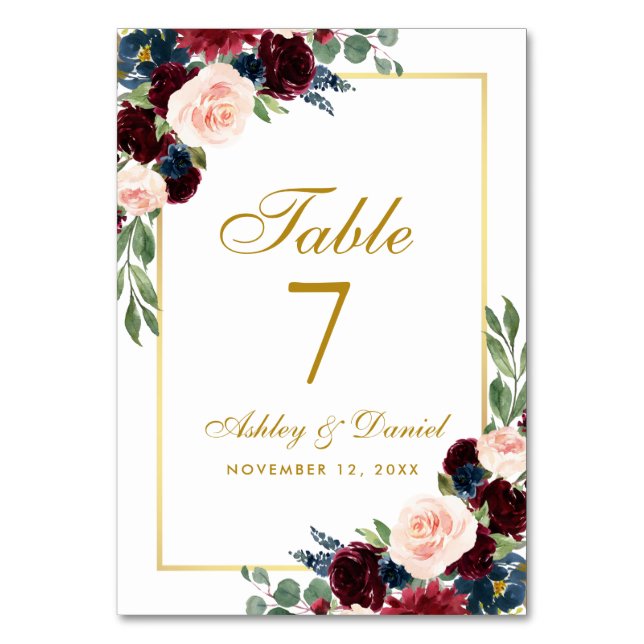 Numéro De Table Burgundy Bleu Aquarelle Floral Mariage Or (Par défaut)