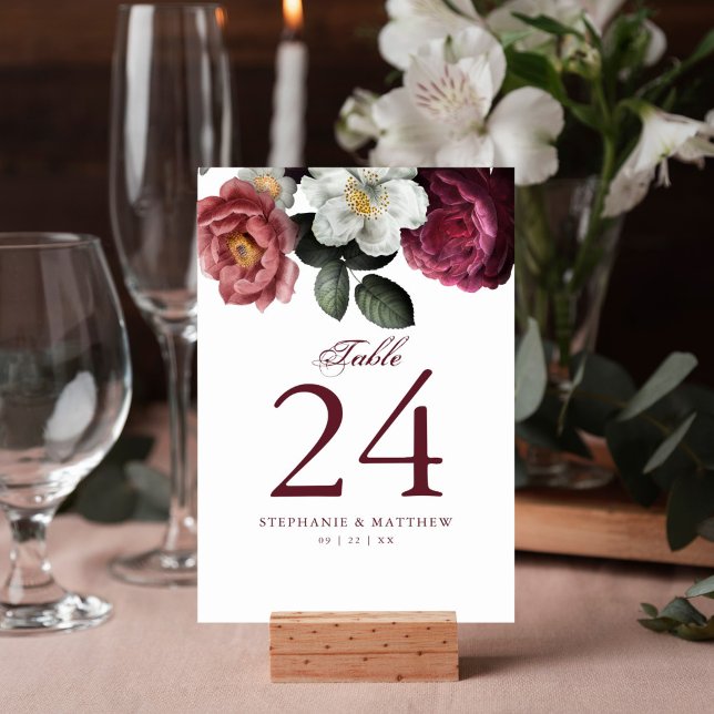 Numéro De Table Burgundy Blush Floral Rose Mariage botanique (Modern moody burgundy floral table number for your reception decor features a watercolor design.)