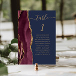 Numéro De Table Burgundy Gold Agate Marine Mariage bleu<br><div class="desc">Le bord gauche de cette élégante carte de numéro de table mariage moderne comporte une bordure d'aquarelle rouge bordeaux et ornée d'une parties scintillant en faux or. Le mot "table" apparaît dans un script d'écriture manuscrite de couleur or sur un arrière - plan bleu marine. Ajoutez les noms de vos...</div>