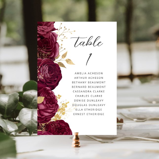 Numéro De Table Burgundy Gold Floral Mariage de script moderne (Créateur téléchargé)