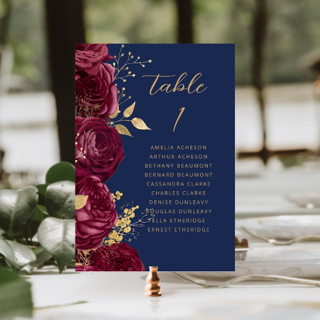 Numéro De Table Burgundy Gold Floral Script Navy Blue Wedding (Créateur téléchargé)