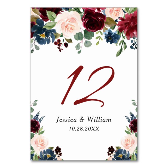 Numéro De Table Burgundy Navy Bleu Blush Floral Aquarelle Rustique (Par défaut)