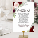 Numéro De Table Burgundy & Roses Rouges Élégante Charte de Mariage<br><div class="desc">Ces belles cartes de numéro de table mariage présentent un design chic boho élégant avec des roses d'aquarelle peints à la main dans les tons bordeaux, rouge et rose roux. La carte comprend une liste de noms pour que vos invités aient encore plus de facilité à trouver la bonne table....</div>