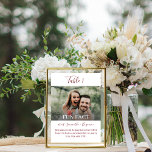 Numéro De Table Burgundy Script Fun Facts Photo Mariage<br><div class="desc">Ces faits créatifs et amusants sur les numéros de table du mariage marié et marié divertiront votre invité d'accueil avec des informations amusantes et intéressantes sur votre histoire d'amour et vos personnalités. Le design bordeaux et blanc présente un script de calligraphie écrit à la main et une police serif classique...</div>