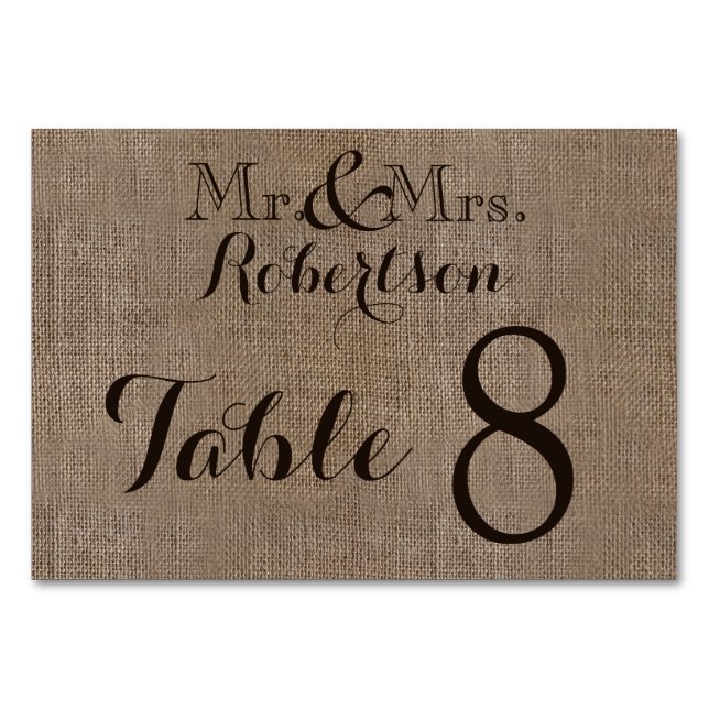 Numéro De Table Burlap personnalisé Mariage rustique Numéro de tab (Devant)